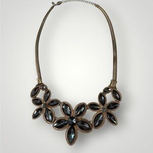 Signed Natasha Gold-Tone Smoky Glass & Rhinestone Collar Necklace